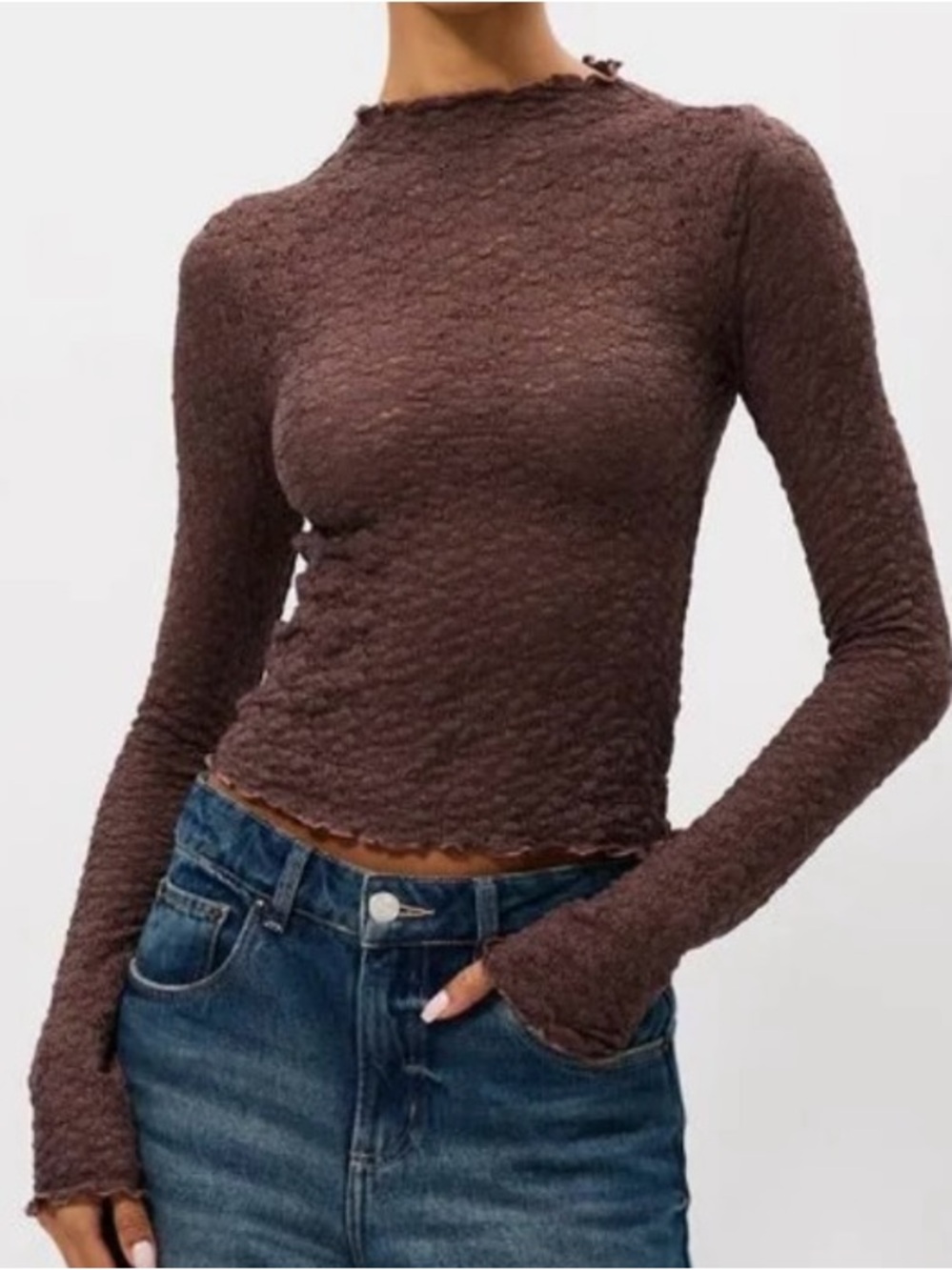 Long Sleeve Textured Crewneck Top in Dark Brown
